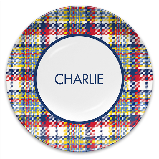 Navy & Red Madras Plaid Melamine Plate
